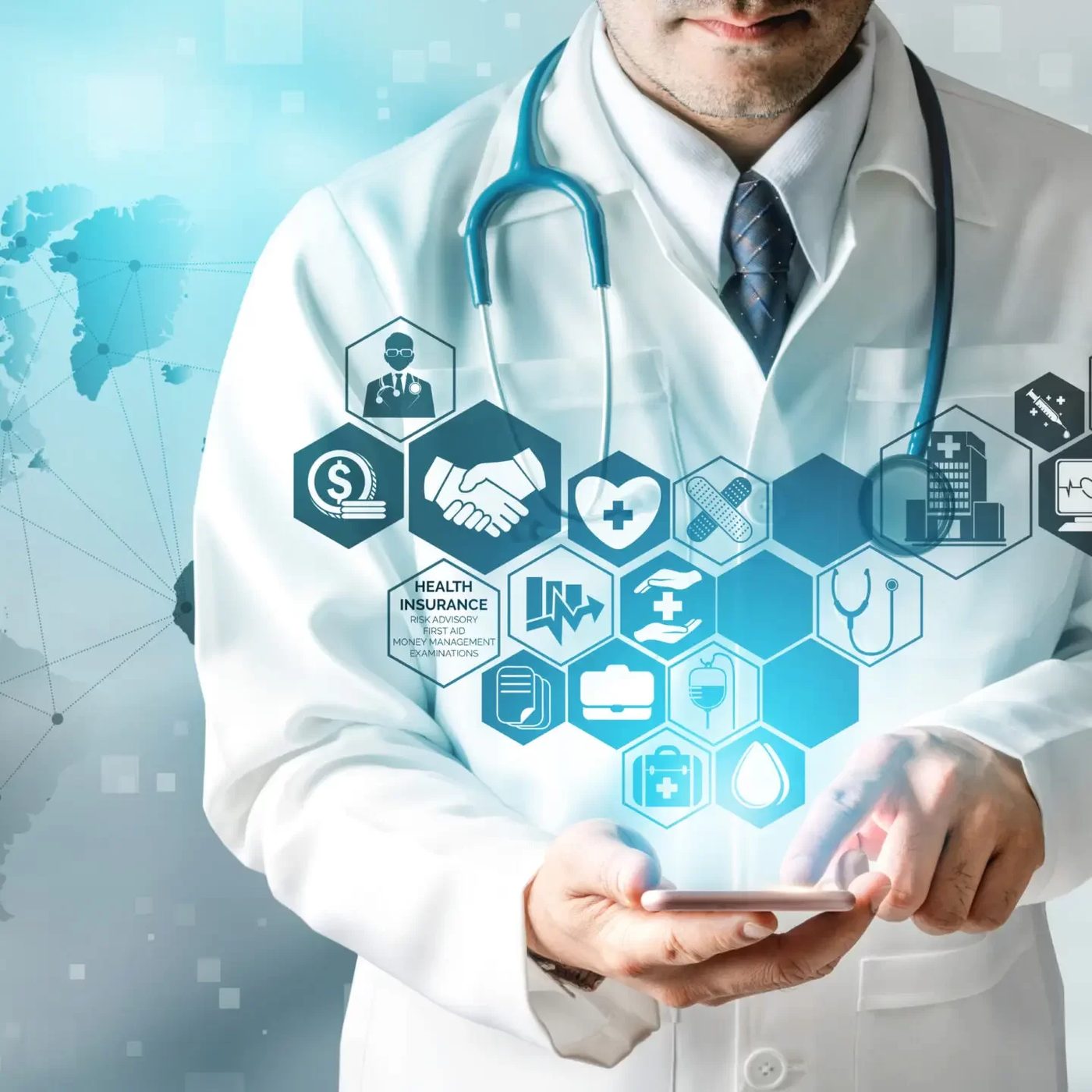 A clinician in a white coat with a network of connected healthcare data icons above their hands