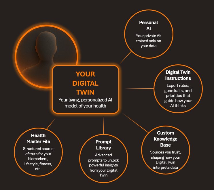 Diagram of the Digital Twin at the center, connected to a Personal AI, Digital Twin Instructions, a Health Master File, a Prompt Library, and a Custom Knowledge Base